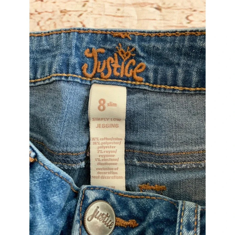 Justice Girls Size 8 Slim Simply‎ Low Jegging Patch Denim Jeans Raw Hem Emoji